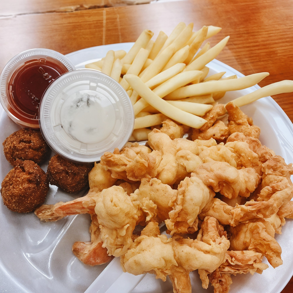 A Double J Eatery platter with fried shrimp, hush puppies, fries, and dipping sauces.