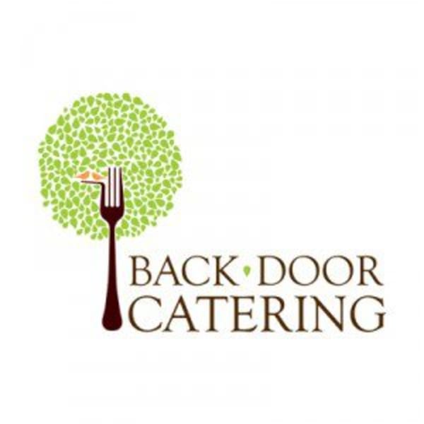 Back Door Catering logo with a fork as a tree trunk and green leaves, with two small birds.
